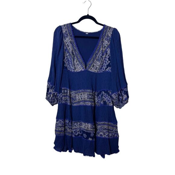 Free People XS Blue V-neck Tunic Mini Dress Sexy Babydoll Flowy Boho Festival - Picture 2 of 16